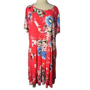 Folunsi Dress 4X Pink Blue Floral Short Sleeve Round Neck Midi Pockets